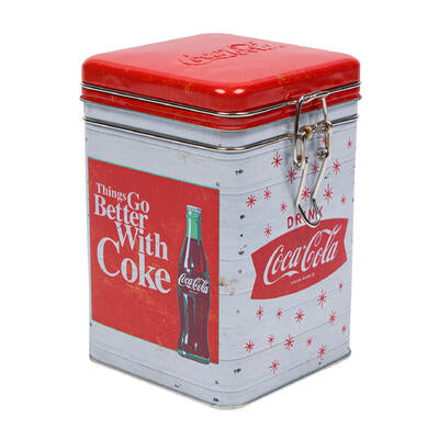 coca cola square canister w lock top- 6 h -- 12 per case