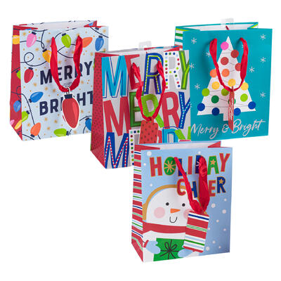 merry holiday gift bag- medium- 4 assorted prints -- 48 per case
