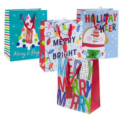 merry holiday gift bag- large- 4 assorted prints -- 48 per case