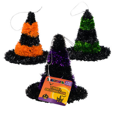 halloween witch tinsel hat plaque- 5 x5 -- 48 per case