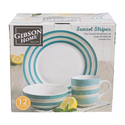 gibson home 12pc sunset stripes dinnerware set- bl -- 2 per case