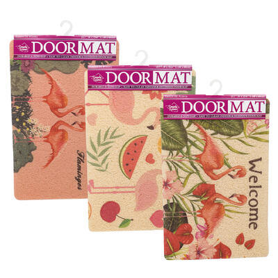 simply home flamingo door mat- 24 - 3 assorted des -- 24 per case