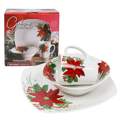 gibson 12pc square poinsettia dinnerware set -- 2 per case