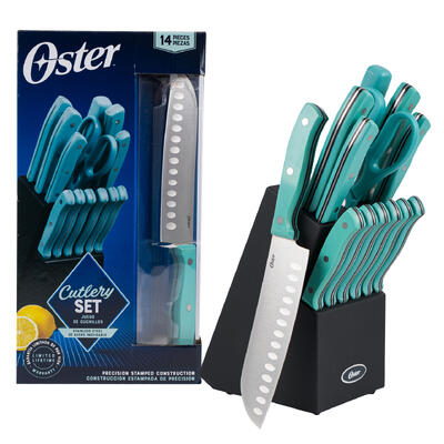 oster 14pc cutlery set w rubberwood block- turquo -- 4 per case
