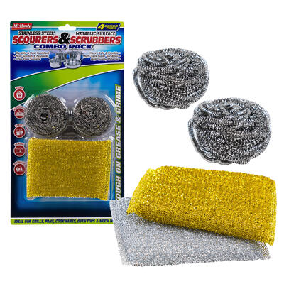 scourer ball 4pc stainless steel wire w sponge -- 48 per case