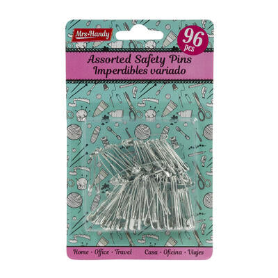 silver safety pins - 96 pieces - assorted sizes - bulk -- 48 per case