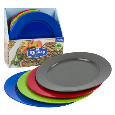 plastic plates - 10 in diameter - 4 assorted colors - bulk -- 48 per case
