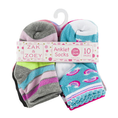 girls anklet socks - 12-24 months - assorted - 10 pack - bulk -- 48 per case