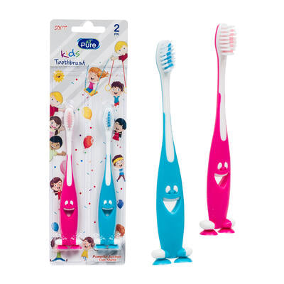 kids toothbrushes - 2 pack - suction base - assorted colors -- 48 per case