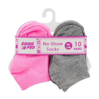 girls no show socks - 10 pack - sizes 0-12m - bulk -- 48 per case