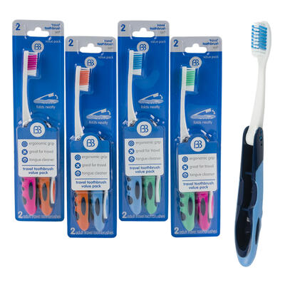 2 pack travel toothbrushes - assorted colors - bulk -- 24 per case