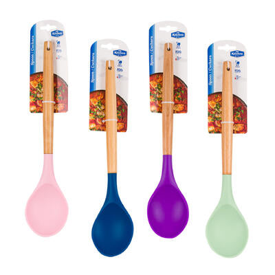 silicone spoons w/ wooden handle - 12.4 in -- 48 per case