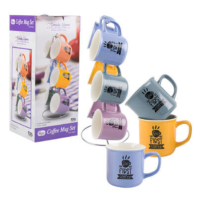 simply home 6pc silk screen design mug w stand -- 6 per case