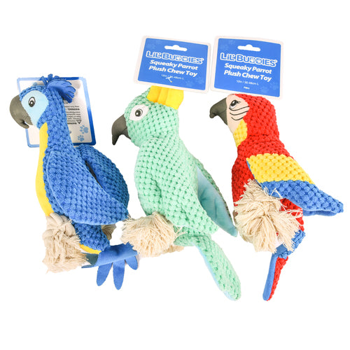 lil buddies pet chewing squeaky parrot fabric w asst clrs -- 12 per box