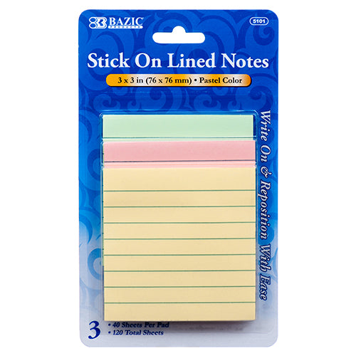 lined note stick-ons 3x3 - 144 pack - assorted pastel colors -- 24 per box