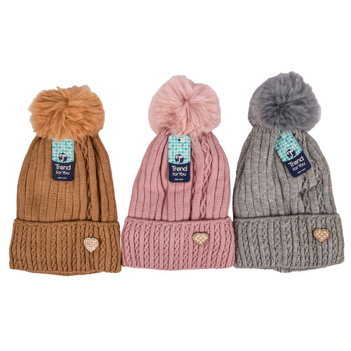 hw women beanie w heart rhinestones asst color -- 12 per box