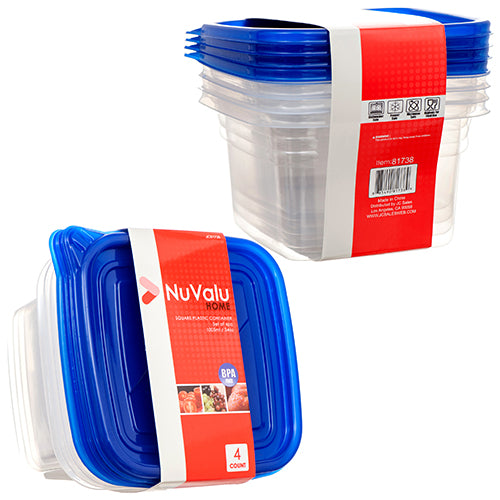 nuvalu plastic containers - 34oz - 4pcs w/ blue lid -- 24 per case