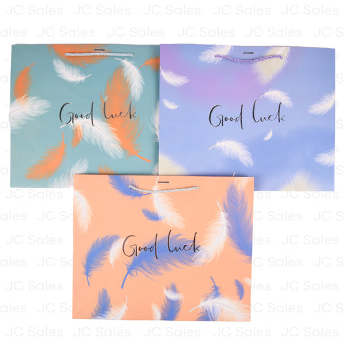 gift bag medium wide good luck assorted colors w feathers -- 12 per box