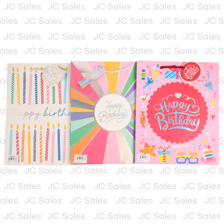 happy birthday gift bag asst theme lg 32x26x12 cm -- 12 per box
