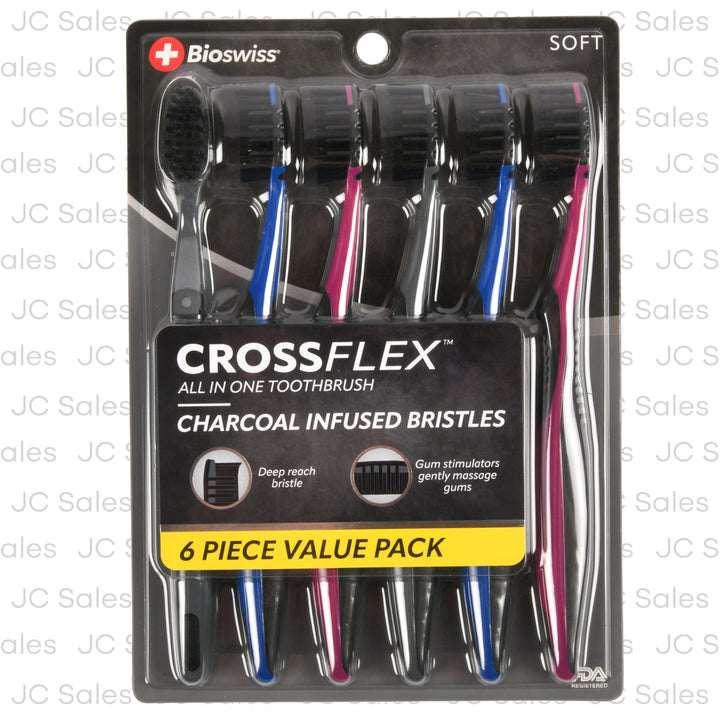 bioswiss crossflex charcoal toothbrush soft 6 pk -- 12 per box