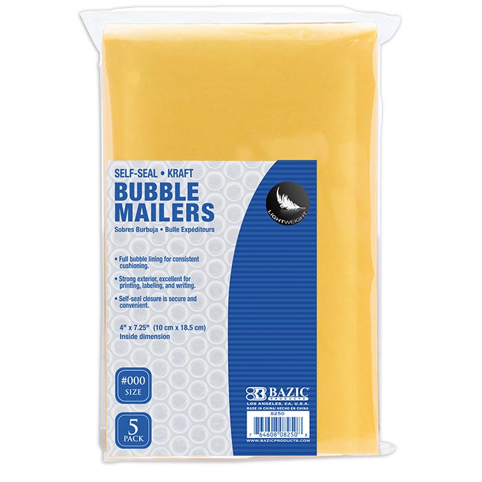 4 inch x 7.25 inch 000 self- seal bubble mailers 5 pack -- 24 per case