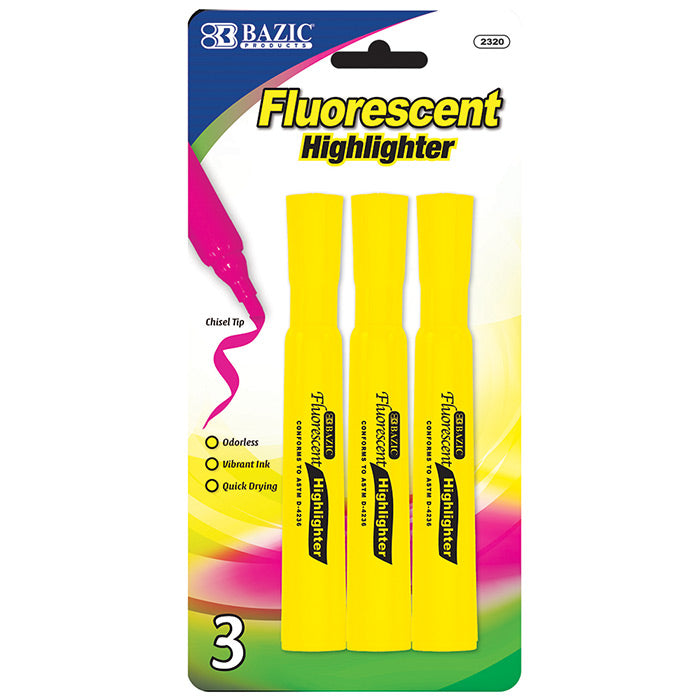 bazic desk style fluorescent highlighter - yellow -- 24 per box