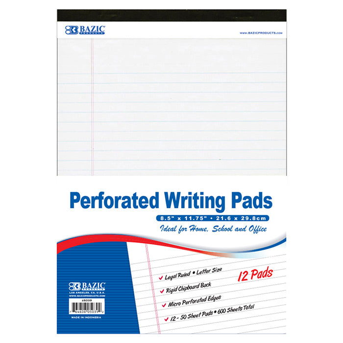 bazic white perforated writing pads - 8.5x11.75 - 50 sheets - 12/pack - 6/case -- 6 per case