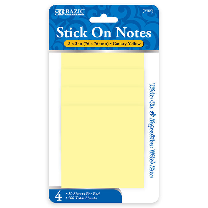 bazic yellow stick on notes - 50 ct -- 24 per box