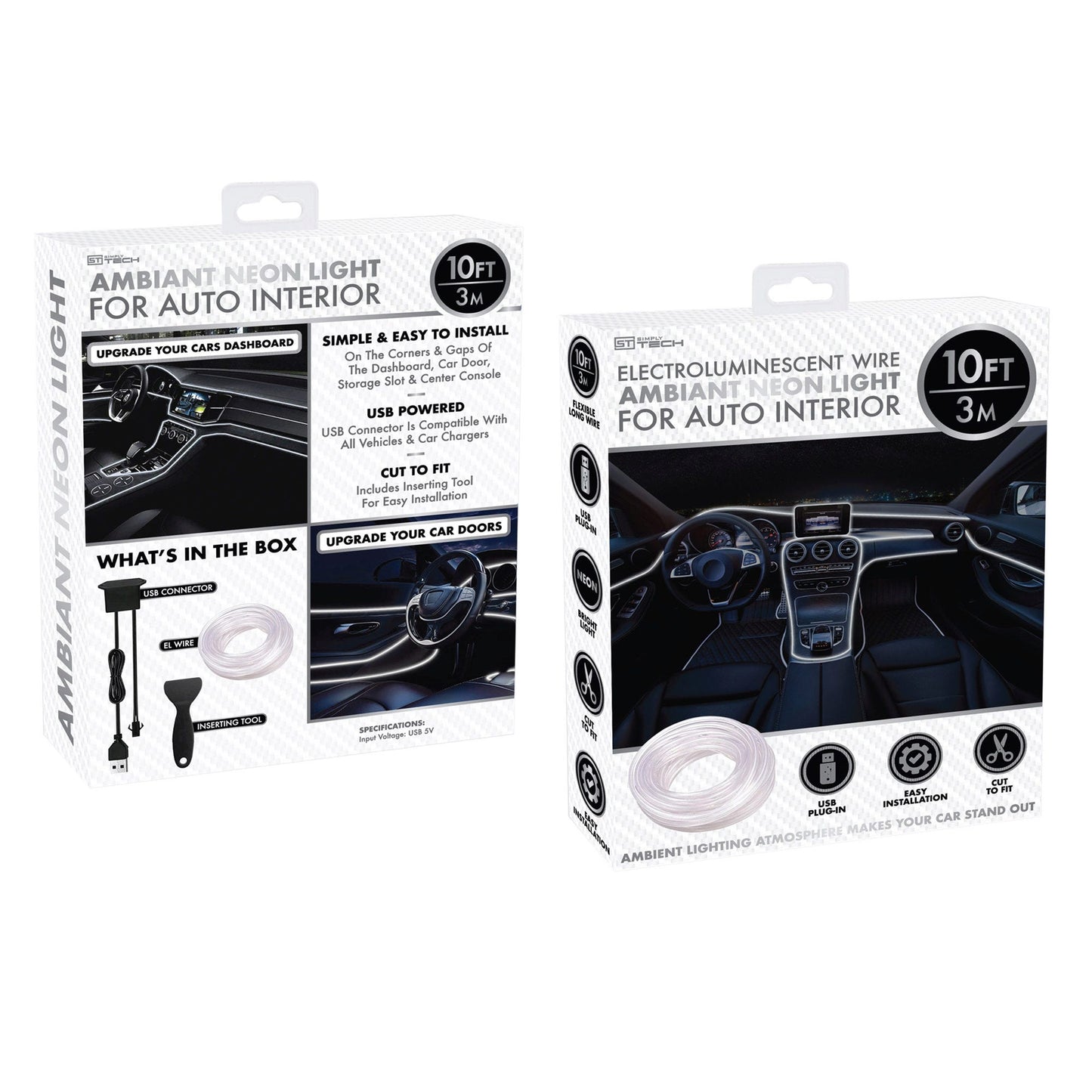 simply tech 10 foot electroluminescent wire interior car led strip in white -- 10 per box