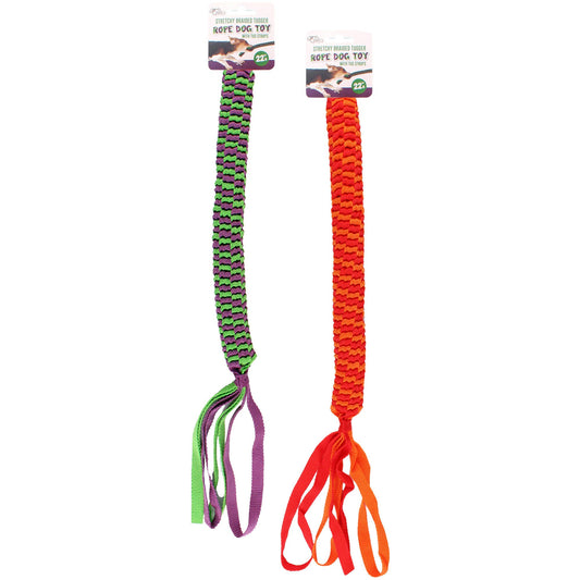 22.8 stretchy braided tugger rope dog toy with tug straps -- 24 per case