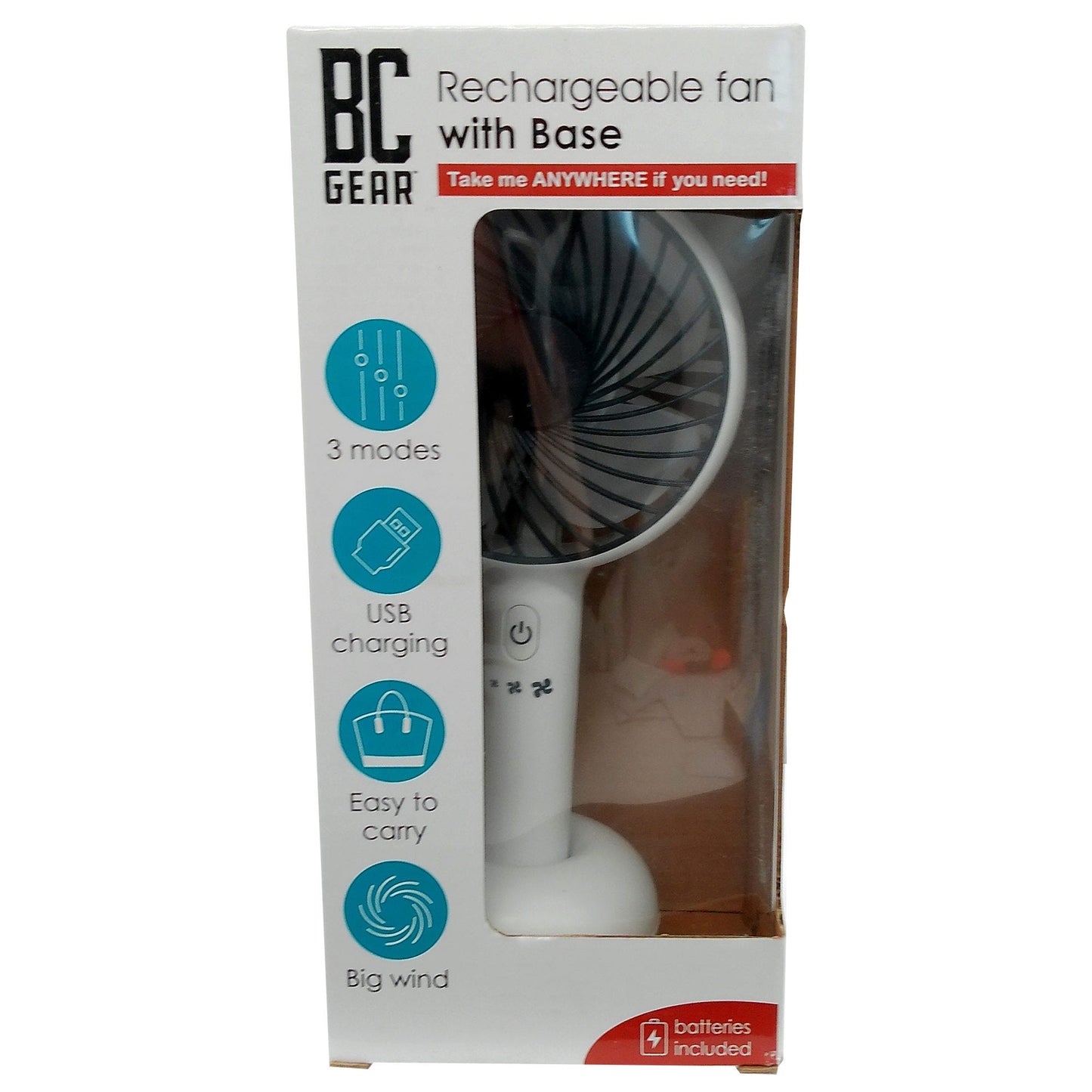 bc gear usb charging portable fan with standing base in pdq display -- 6 per box