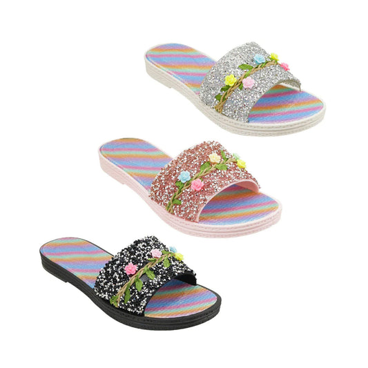 women s rainbow floral slides in assorted colors sizes 6-10 -- 30 per case