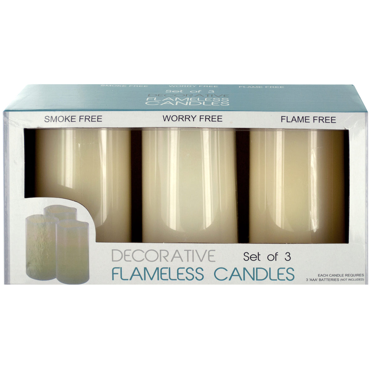 decorative flameless vanilla pillar candles -- 3 per box