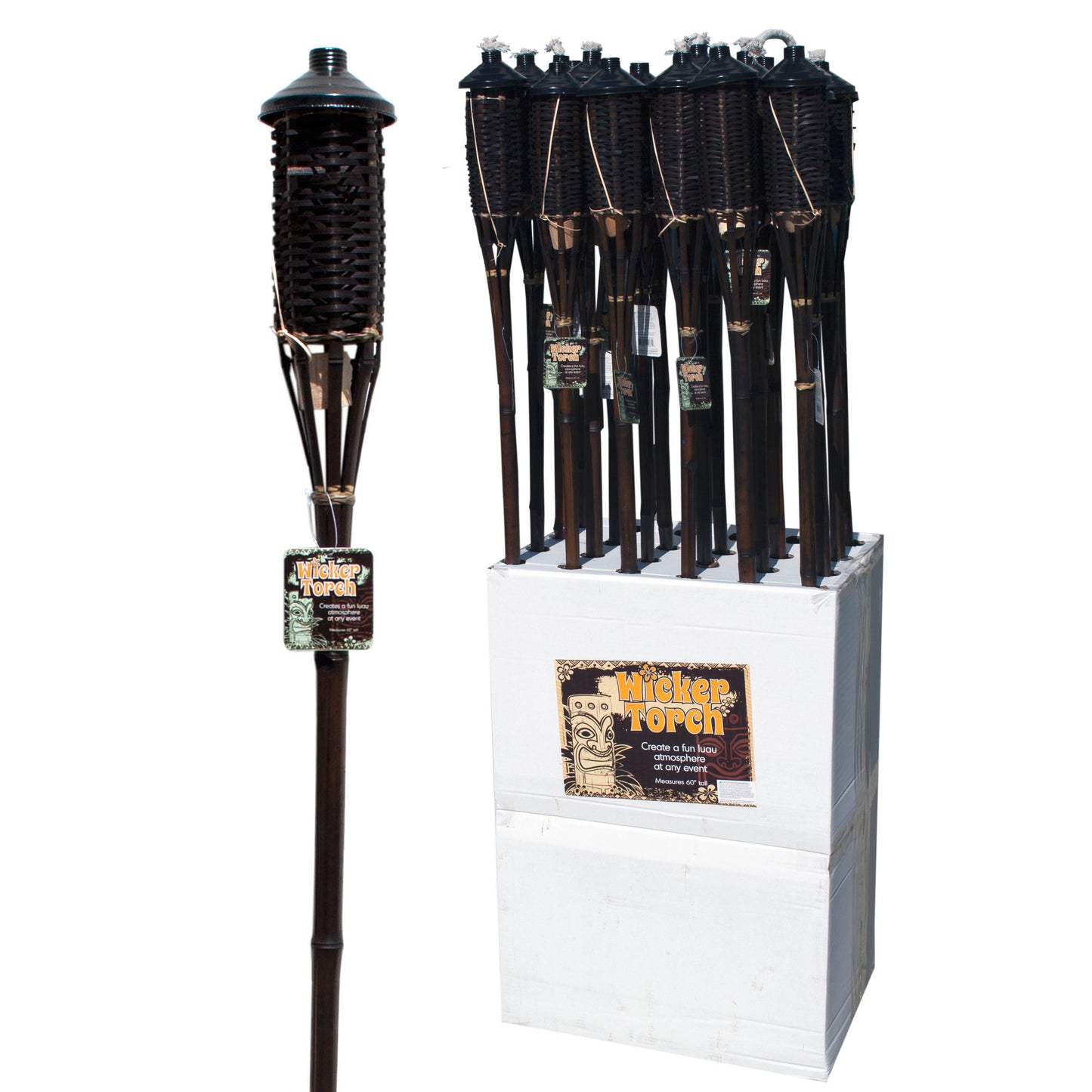 brown bamboo wicker tiki torch floor display -- 4 per box
