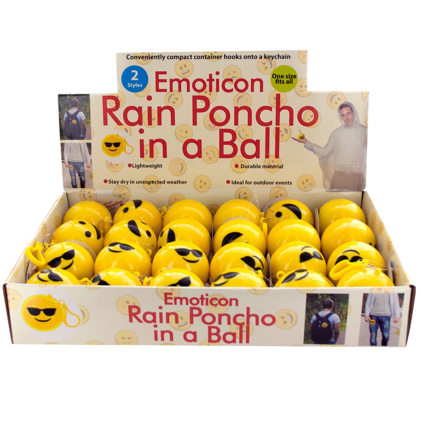 emoticon rain ponchos in a ball countertop display -- 29 per box