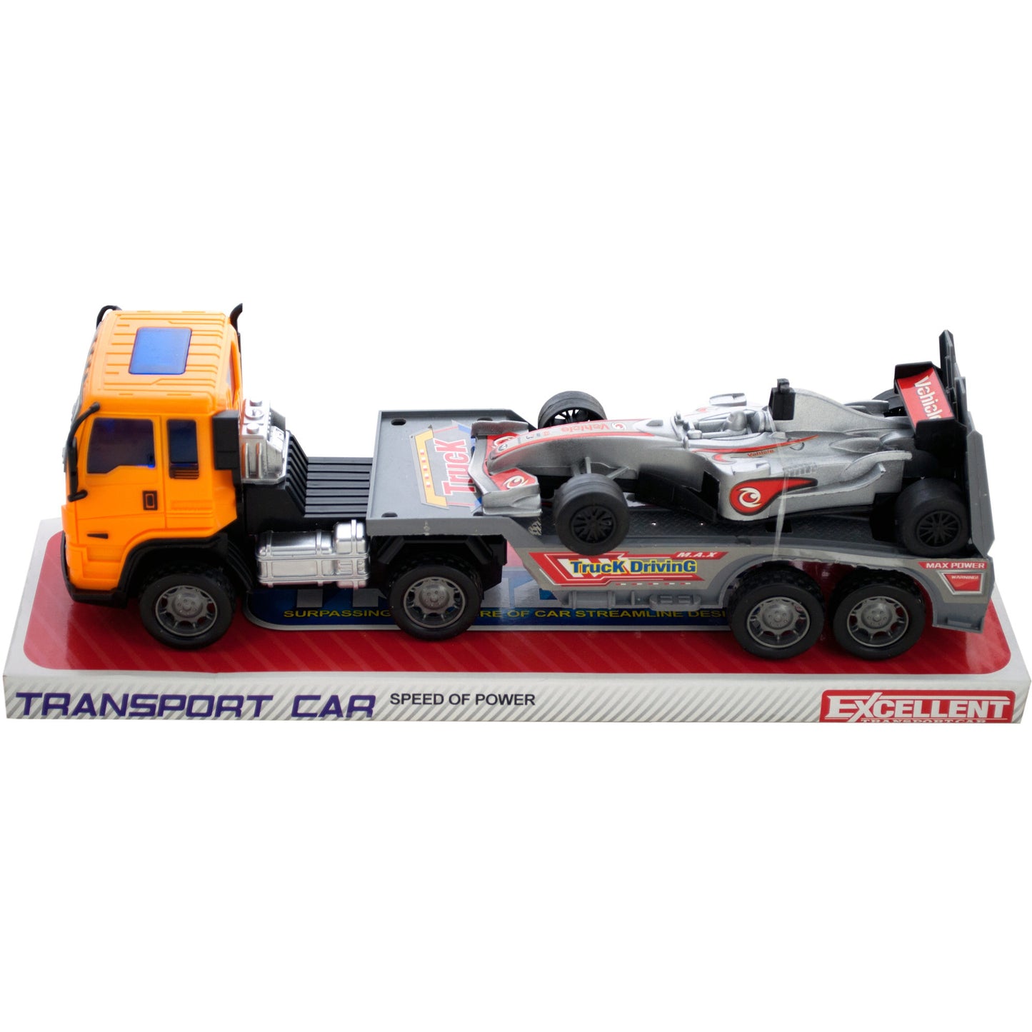 friction powered trailer truck with race car set -- 6 per box