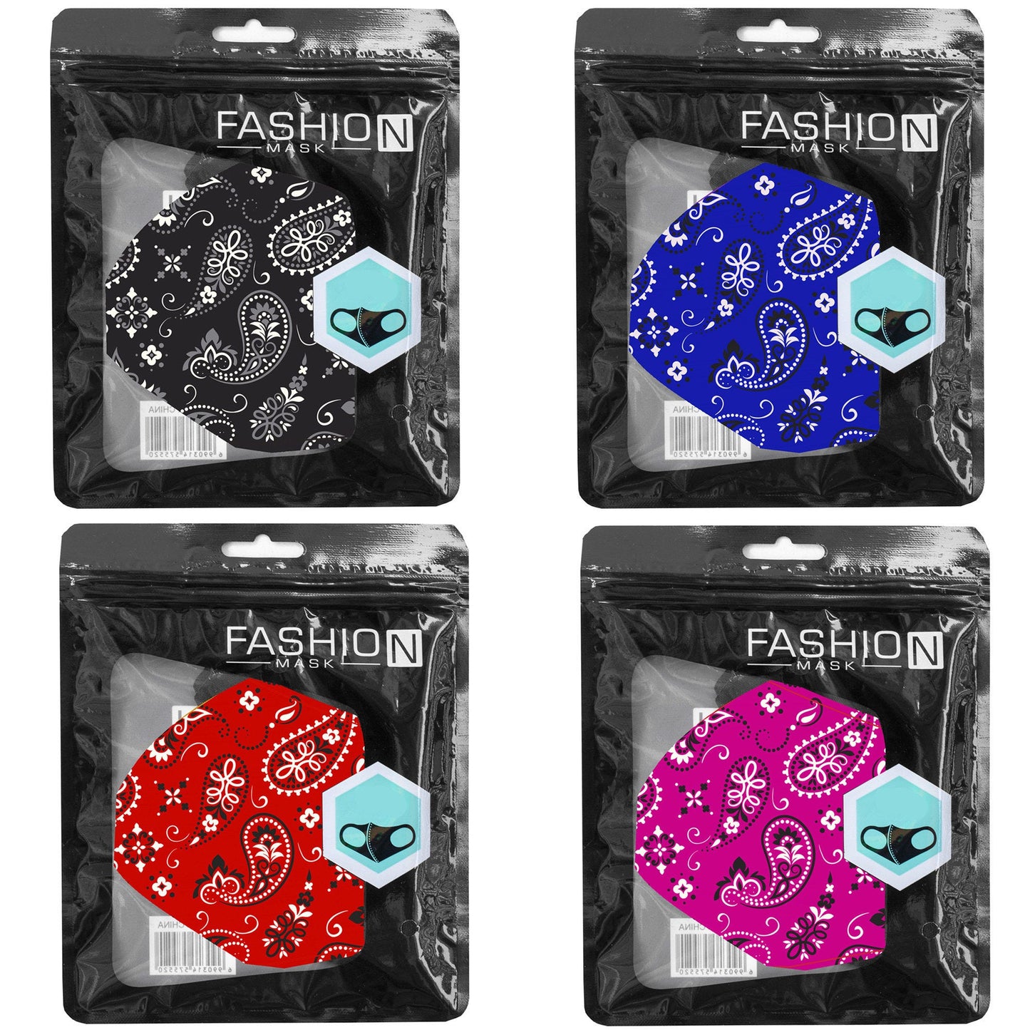 bandana style washable reusable fashion fabric face covers - 4 assorted - 2500 pack -- 69 per box