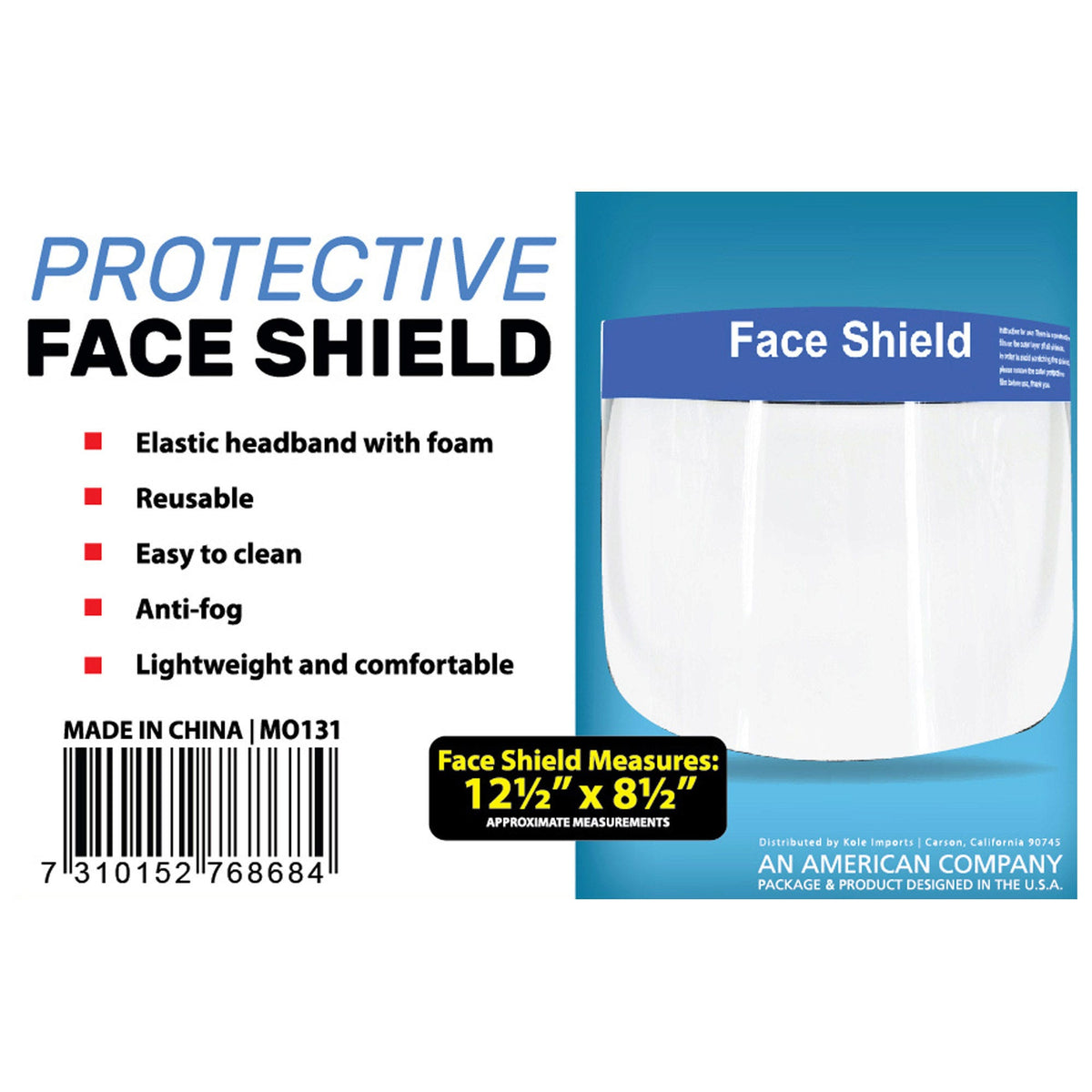 face shield - adjustable headband - 4 assorted colors -- 50 per box