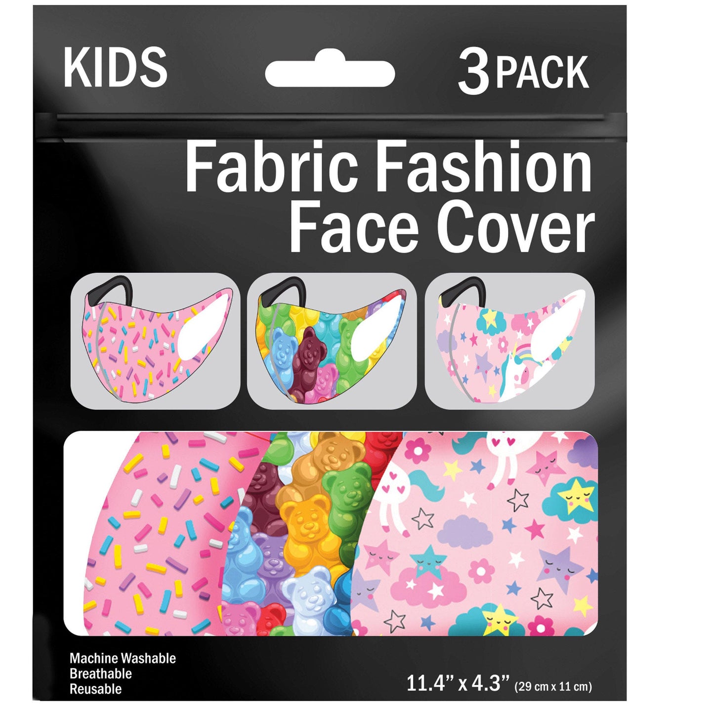 girls face masks 3 pack - 5.7 x 4.3 inch - washable fabric -- 17 per box