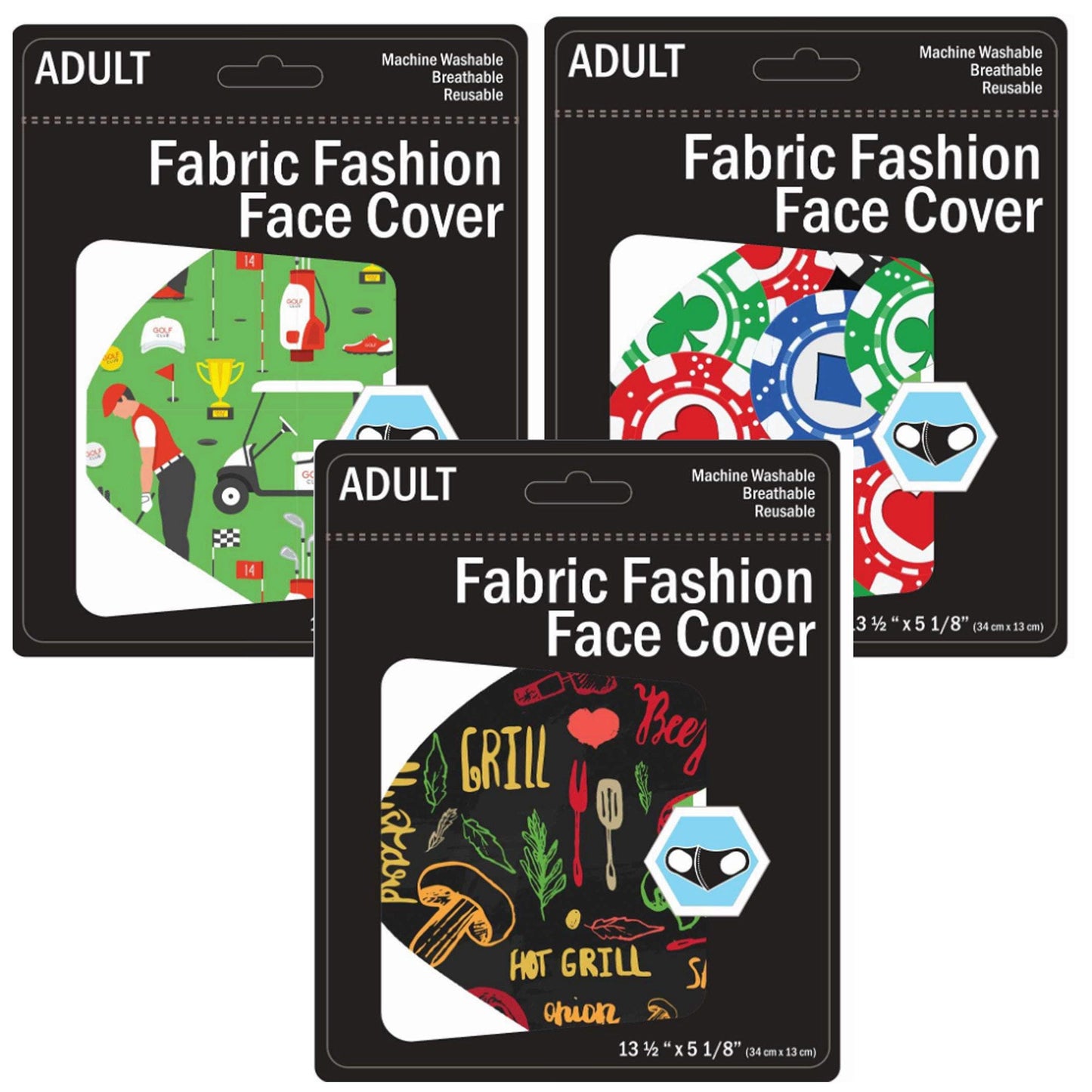 assorted men's masks - golf, poker, bbq - 2500 per case -- 69 per box
