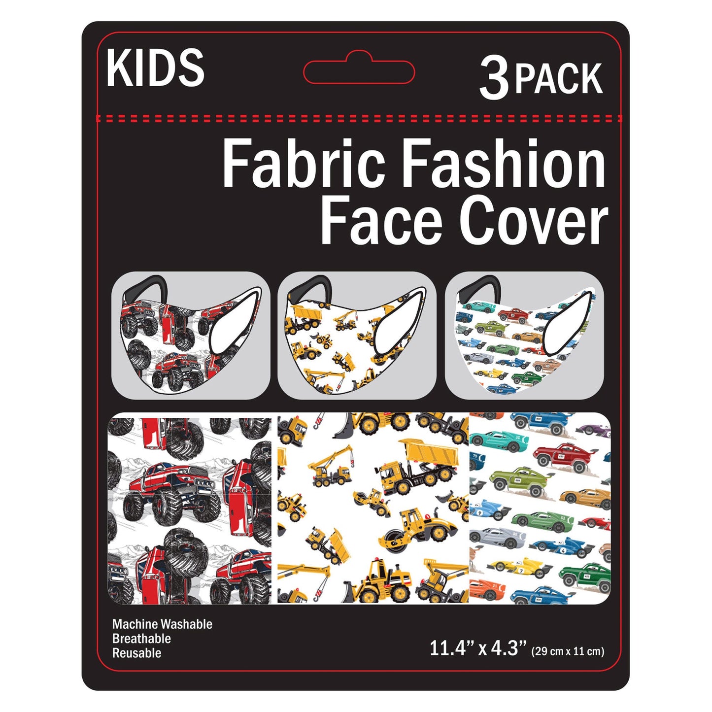 boys vehicle face masks - 3 pack - washable -- 20 per box