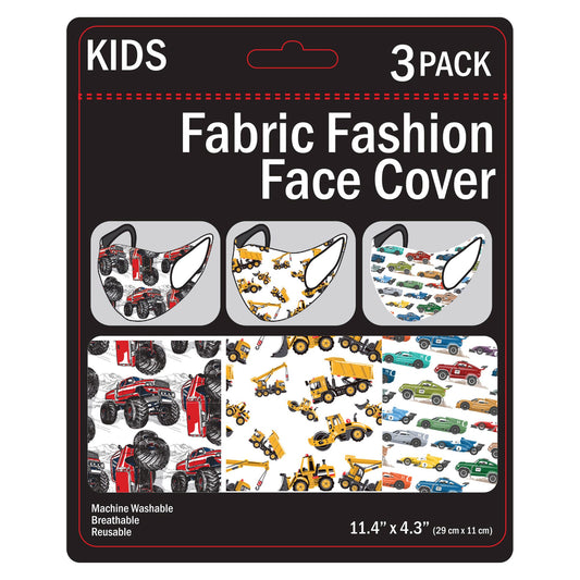 boys vehicle face masks - 3 pack - washable  -- 20 per box