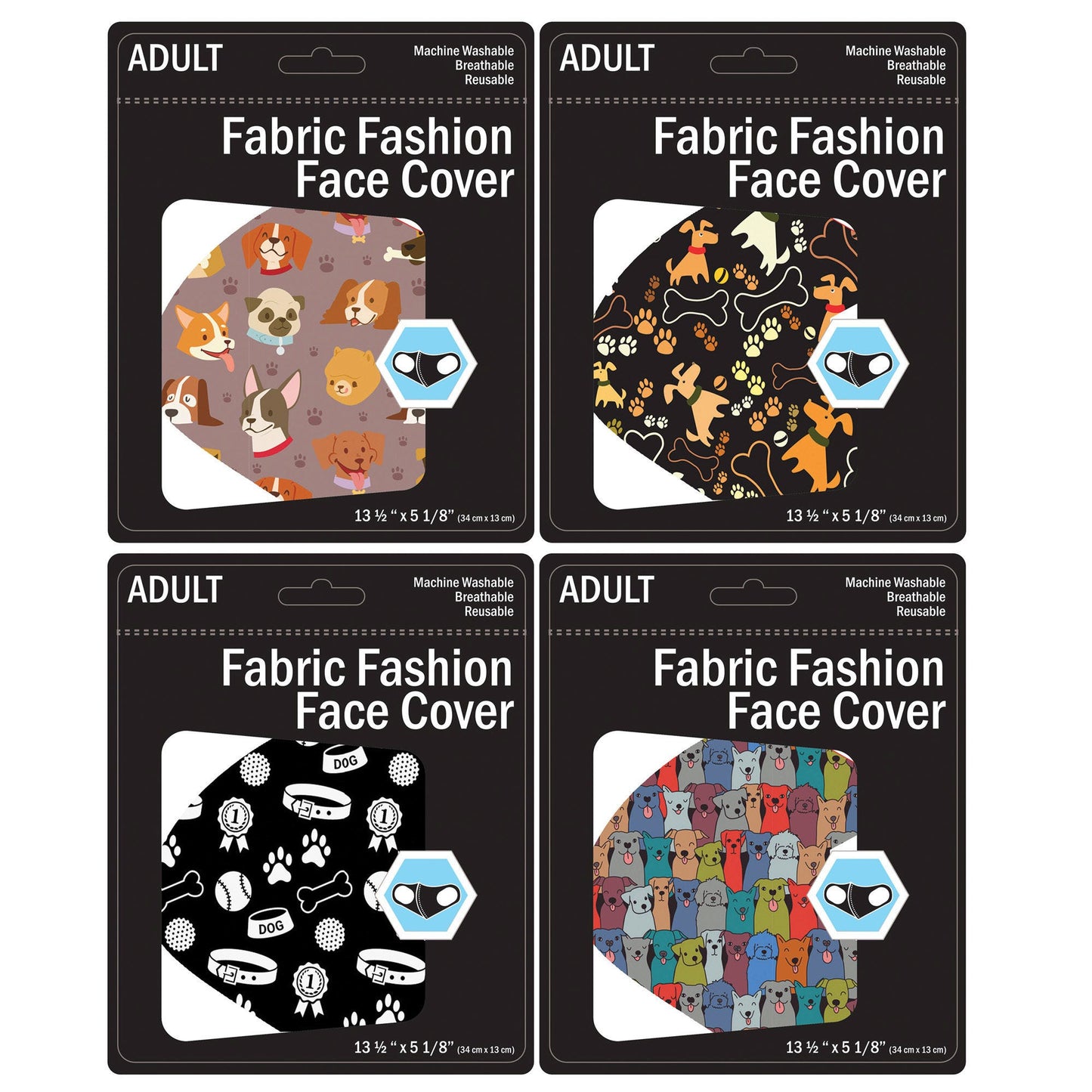dog design washable face masks - 4 assorted adult sizes - bulk 2500 -- 34 per box