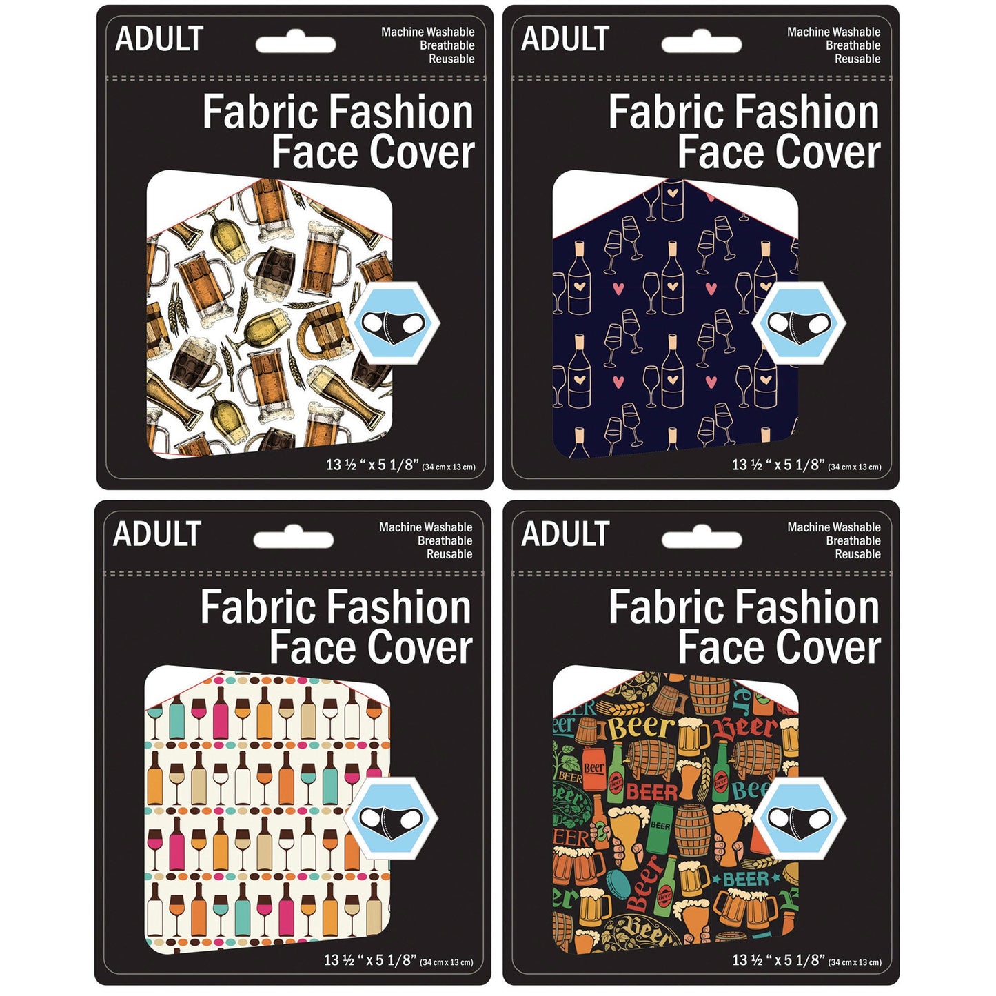 beer & wine adult washable face masks - 4 assorted designs - 2500 per case -- 33 per box