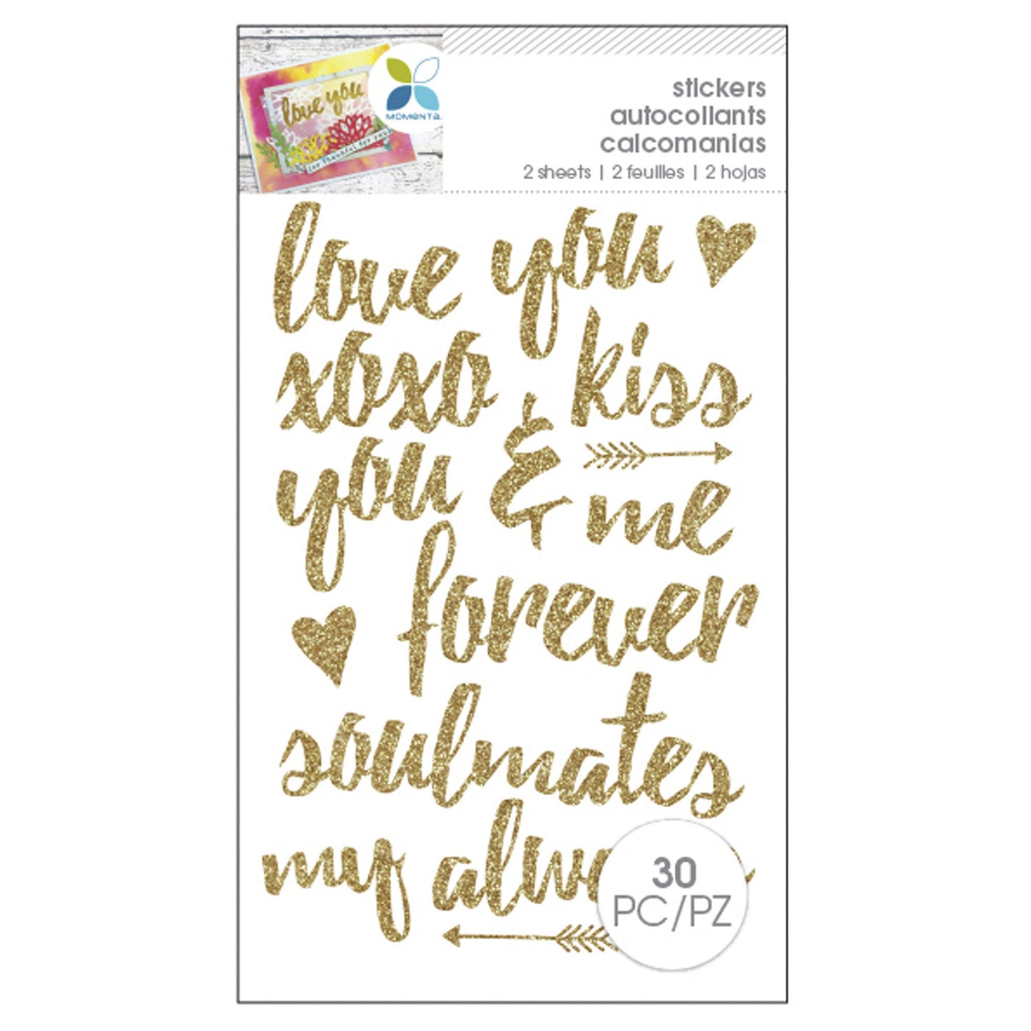 momenta 30 piece romantic glitter gold stickers -- 86 per box