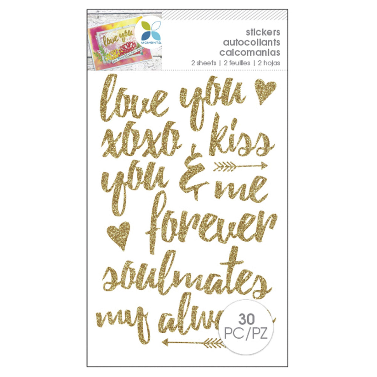 momenta 30 piece romantic glitter gold stickers -- 86 per box