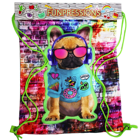funpressions rad bulldog drawstring backpacks - bulk 48 pack -- 18 per box