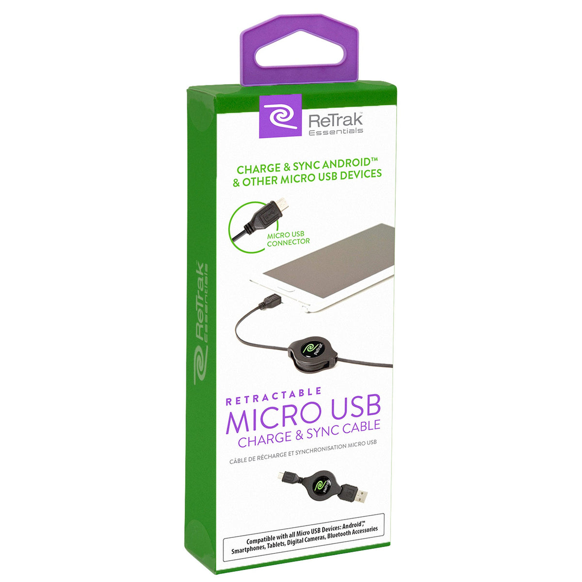 re trak retractable micro usb cable - 2.7ft - -- 24 per case