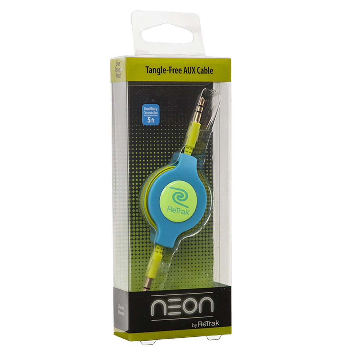 re trak 3.2 foot retractable neon green & blue aux audio cable -- 24 per case