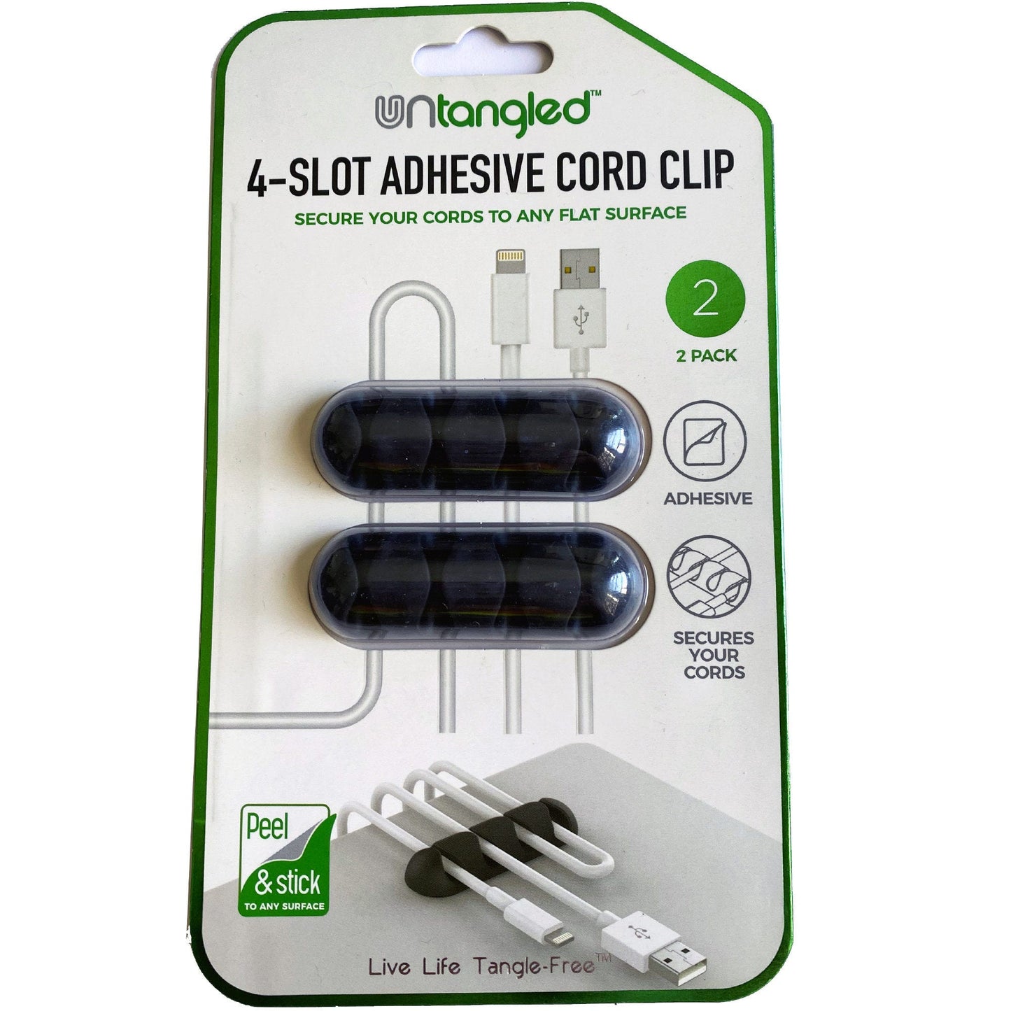 2 pack black 4 slot adhesive bar cord clips -- 12 per case